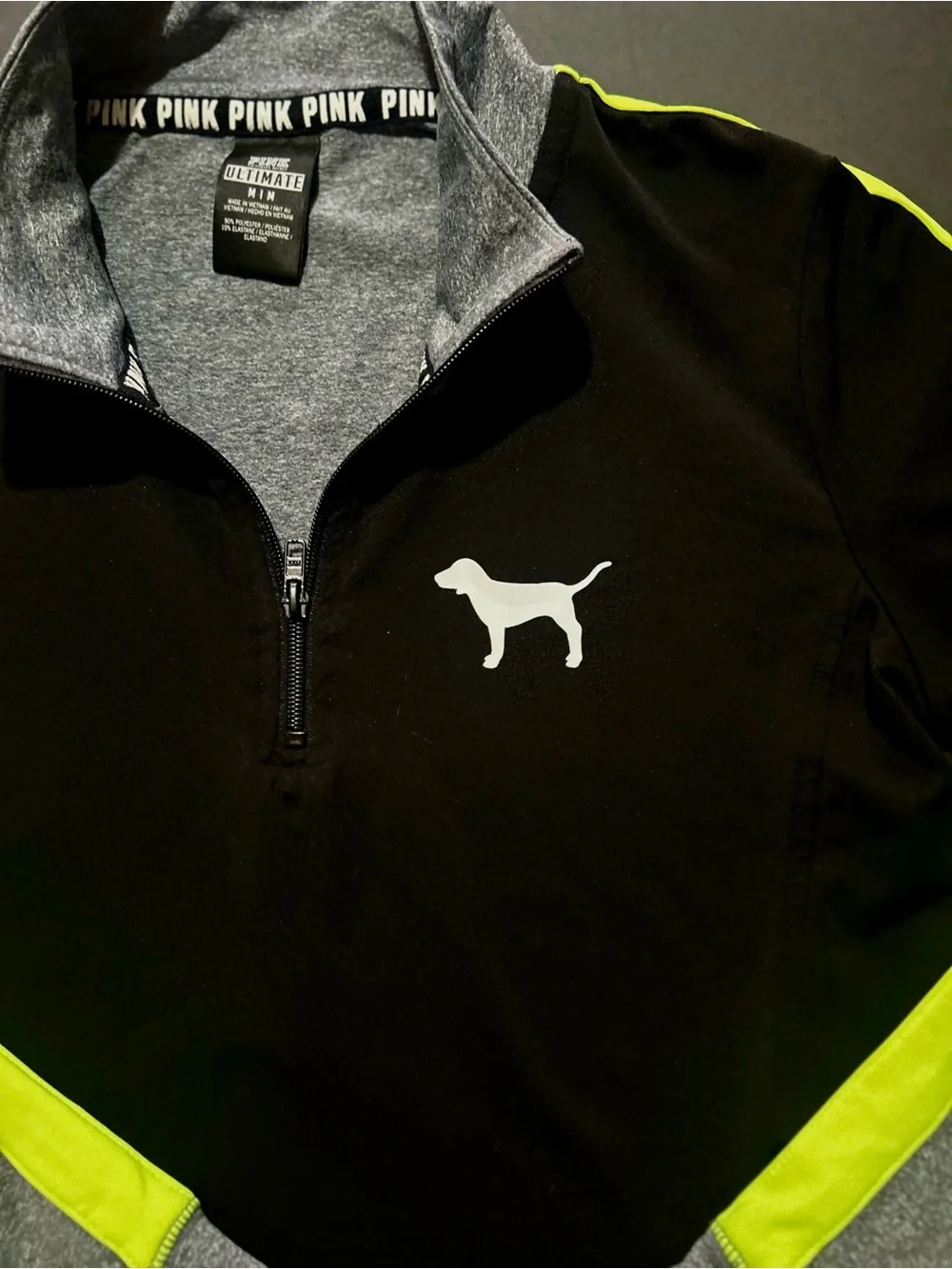 PINK Victoria's Secret Black quarter zip with Gray Lining and White Dog Logo med